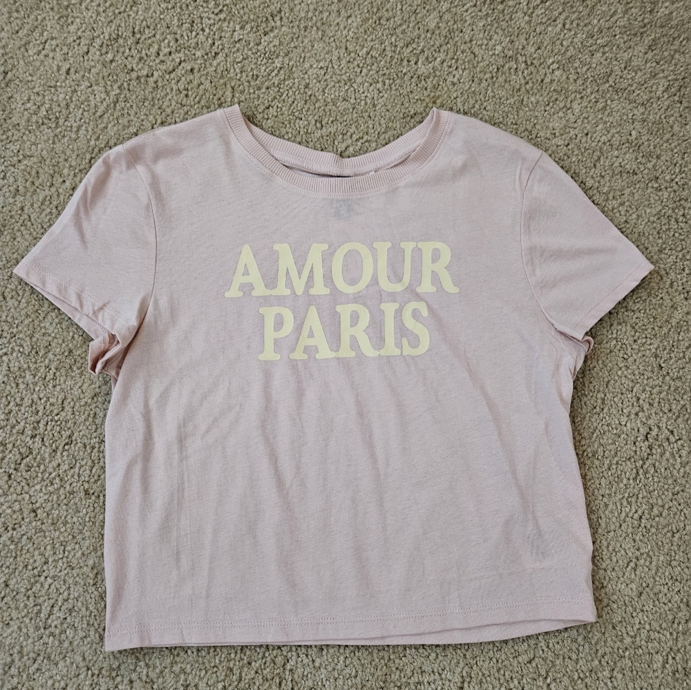 H&M Divided Light Pink 'Amour Paris' Women's Size Large L Cropped Tee Shirt New